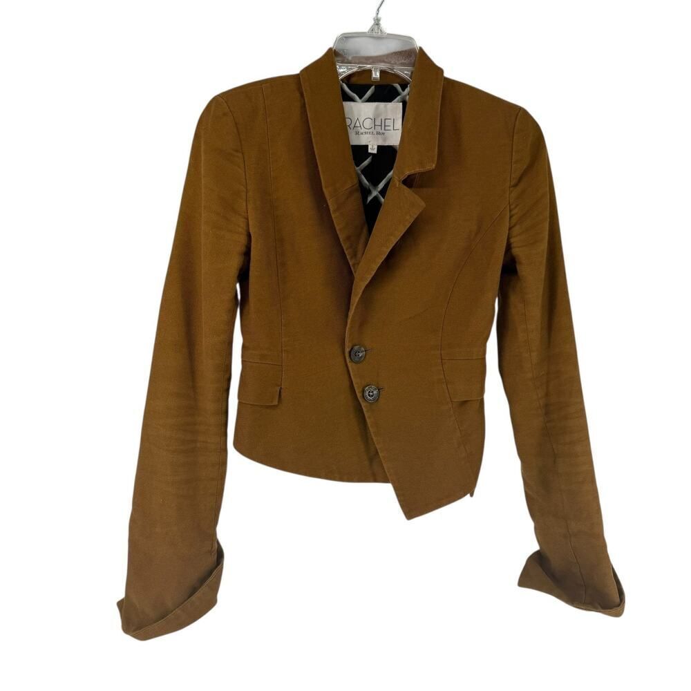 Rachel Roy Blazer Size 0 Brown Asymmetric Artsy Cotton Two Button Fitted Career